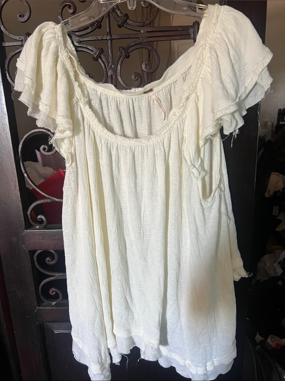 Free People Cream Gauzy Ruffled Off-Shoulder Tunic